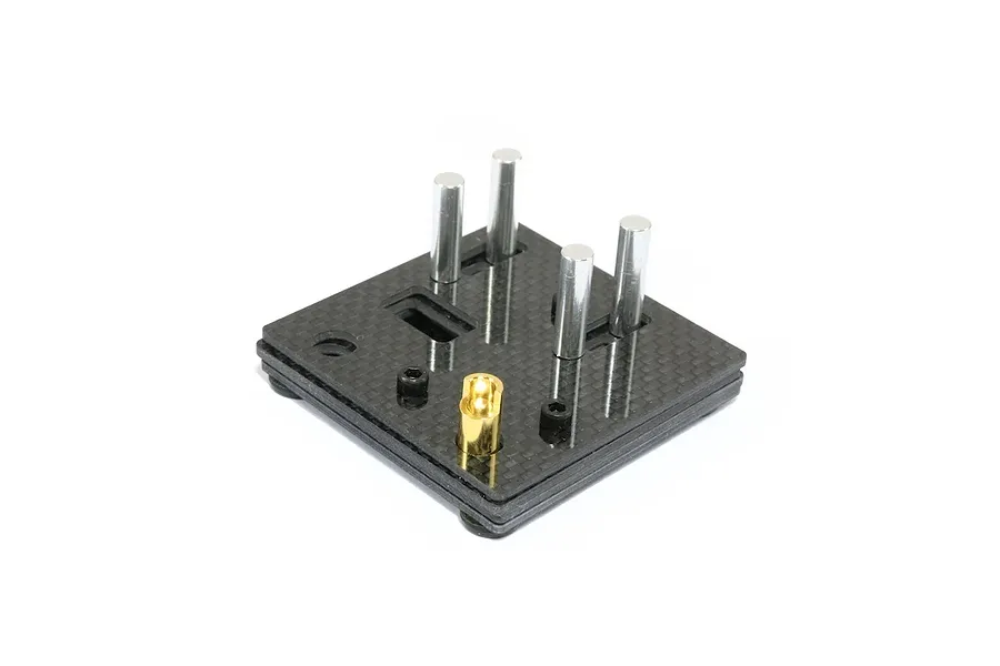 Hobbies Direct carbon fibre self-clamping soldering jig with adjustable metal posts and a gold connector on a white background.