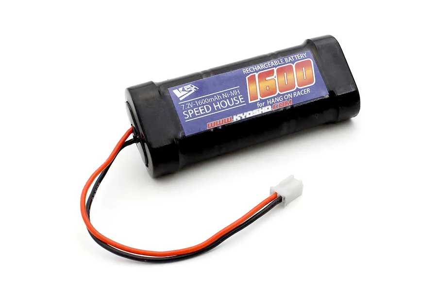 Kyosho 7.2V 1600mAh NiMH soft case battery pack with attached wires and white connector on white background.