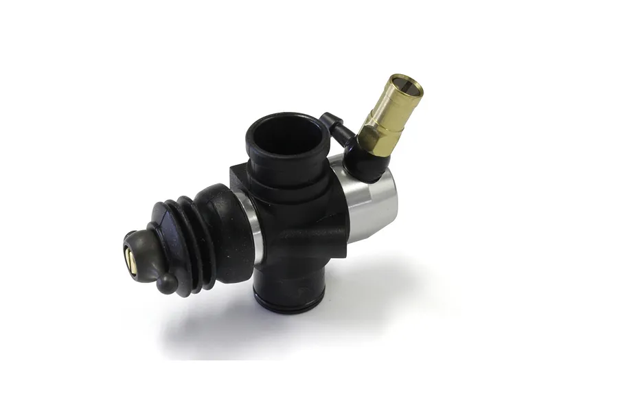 Kyosho slide carburettor assembly featuring black body, silver accents, and brass fuel nipple against a white background.