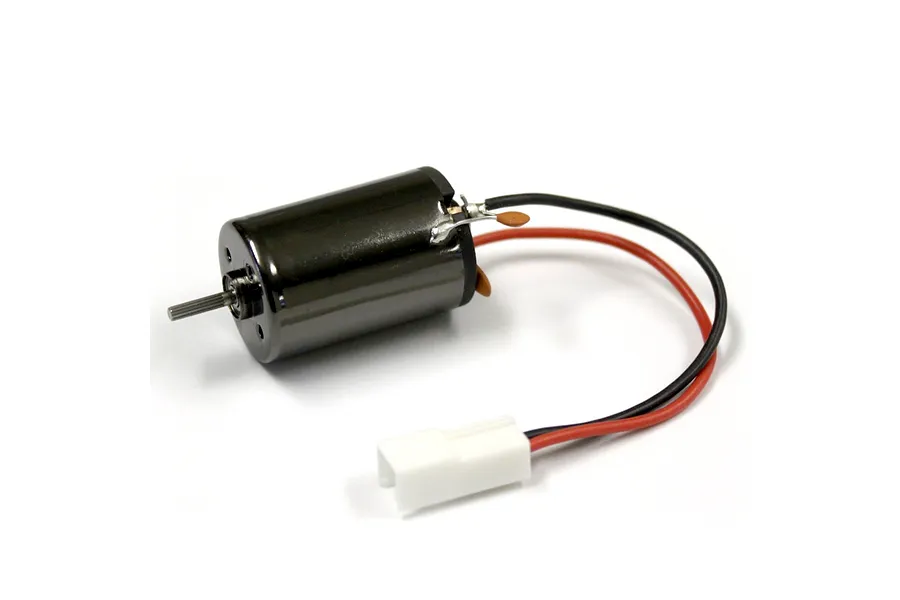 Kyosho Le Mans DM20BB brushed electric RC motor in gunmetal finish with attached black and red wires and white connector.