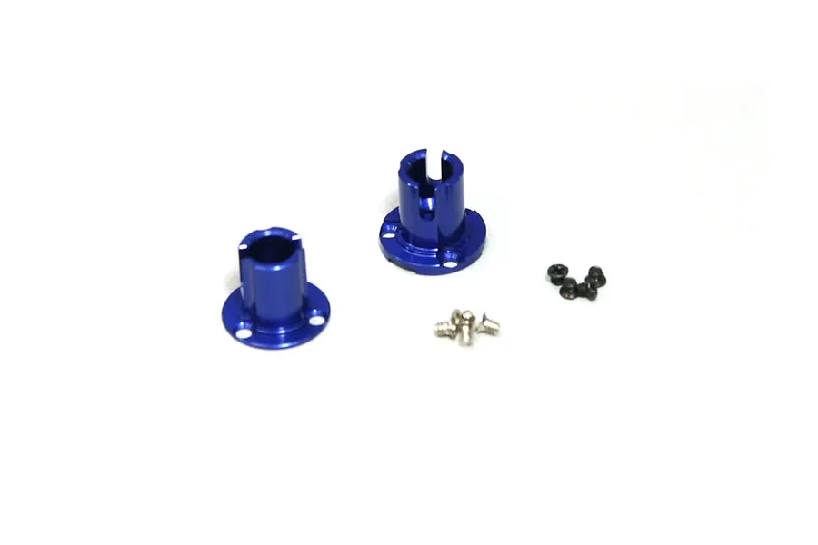 Kyosho aluminium ball differential housing in blue with associated small screws against a white background.