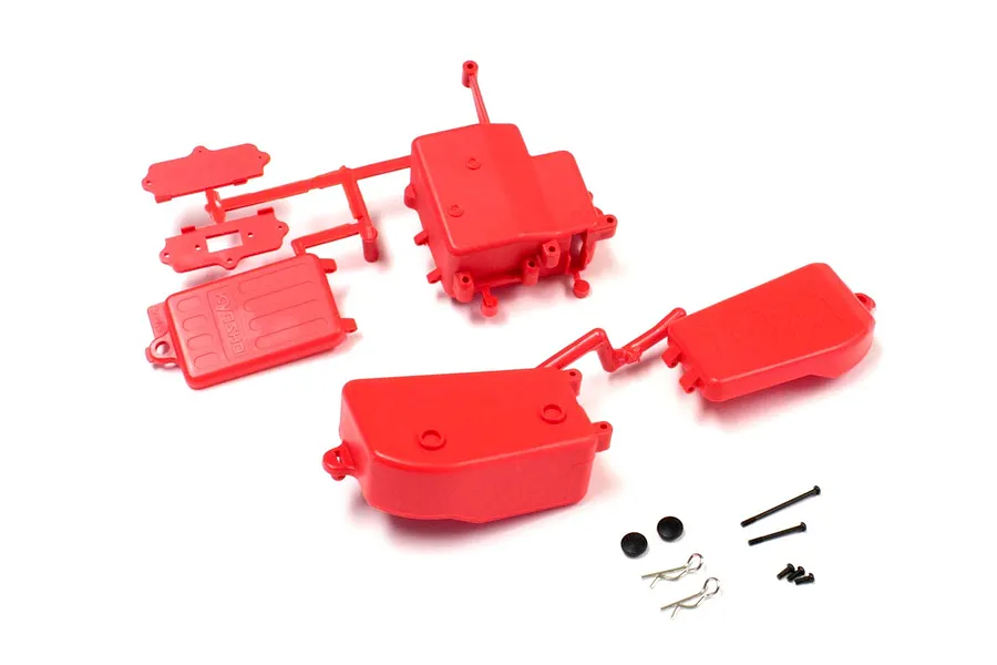 Kyosho red battery and receiver box set parts on a sprue, with mounting hardware, pins, and clips.