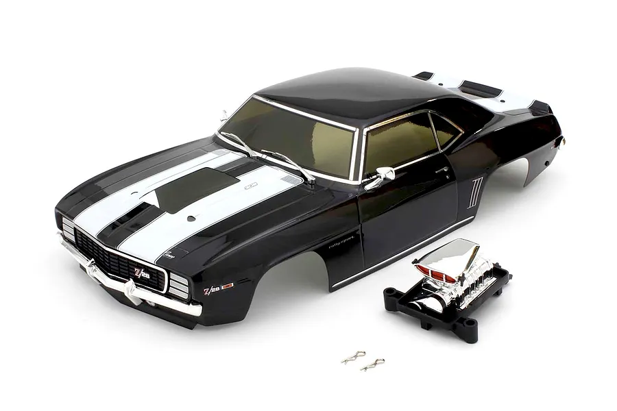 Kyosho 1/10 scale 1969 Chevy Camaro Z/28 RS painted black body shell with white stripes and a chrome supercharger accessory.