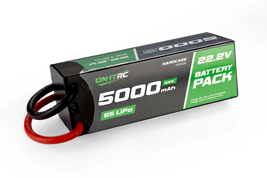 On-It RC 22.2v 5000mAh 100C 6S hard case LiPo battery with black and red looped wires against a white background.