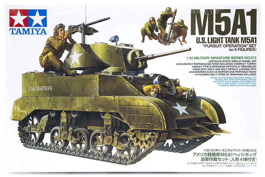 Tamiya 1/35 U.S. M5A1 Light Tank (Pursuit Operation) with 4 Crew Scaled Plastic Model Kit image 17148