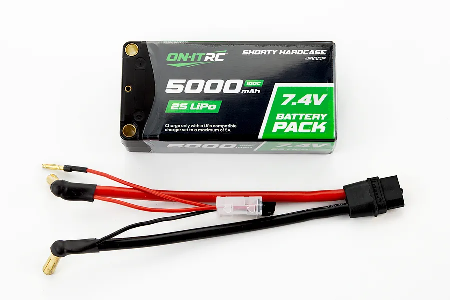 On-It RC 7.4V 5000mAh 2S Hard Case Shorty LiPo battery shown with its included wiring harness on a white background.