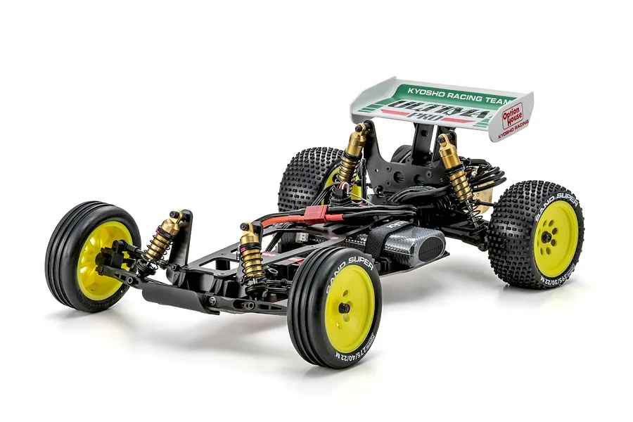 Studio shot of the Kyosho Ultima Pro 1/10 scale 2WD electric RC buggy chassis without body shell on a white background.