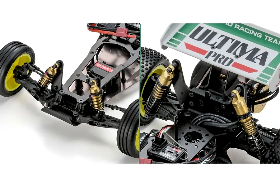 Close-up split view of the front and rear suspension, gold shocks, and chassis details of the Kyosho Ultima Pro RC buggy.