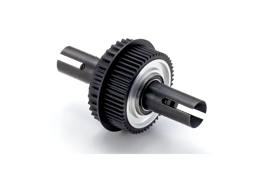 Assembled RC gear differential and outdrives with black pulley gear and metal components on a white background.
