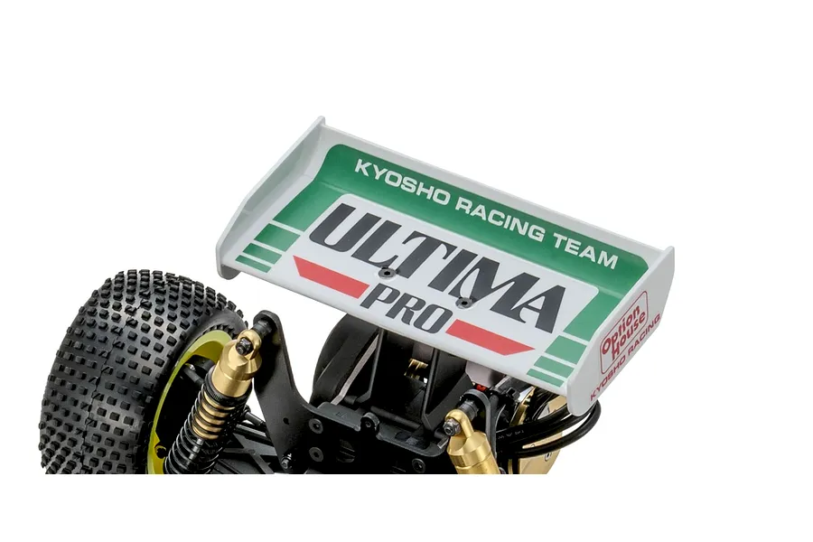 Close-up of the rear wing and shock absorbers on a Kyosho Ultima Pro 1/10 scale RC buggy.