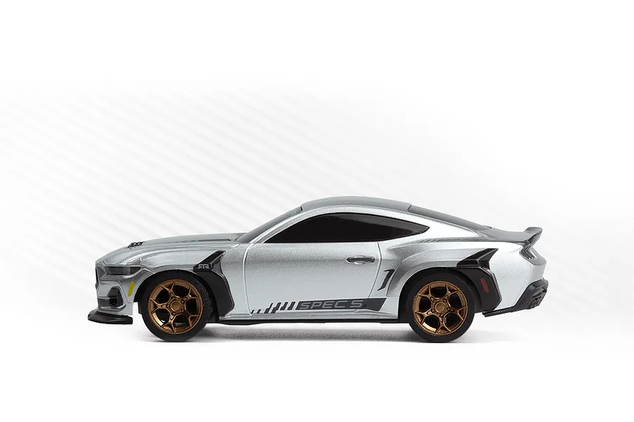 Studio side profile of the silver HPI Nano-TTR Ford Mustang Spec 5 RC car featuring bronze wheels and black body accents.