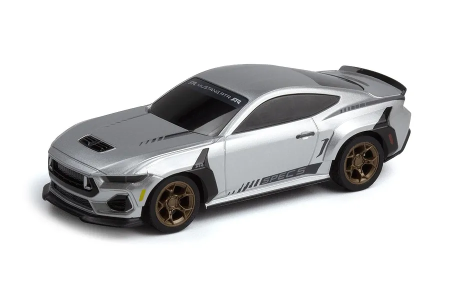 Studio shot of silver HPI Nano-TTR Ford Mustang Spec 5 RC car with bronze wheels on a white background.
