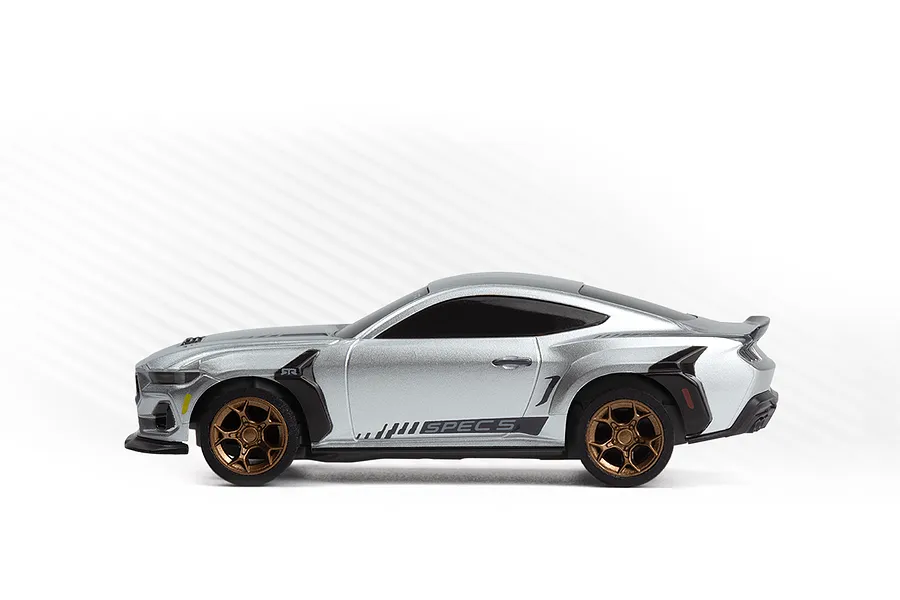 Side view of the silver HPI Nano-TTR Ford Mustang Spec 5 RC car with bronze wheels against a white background.