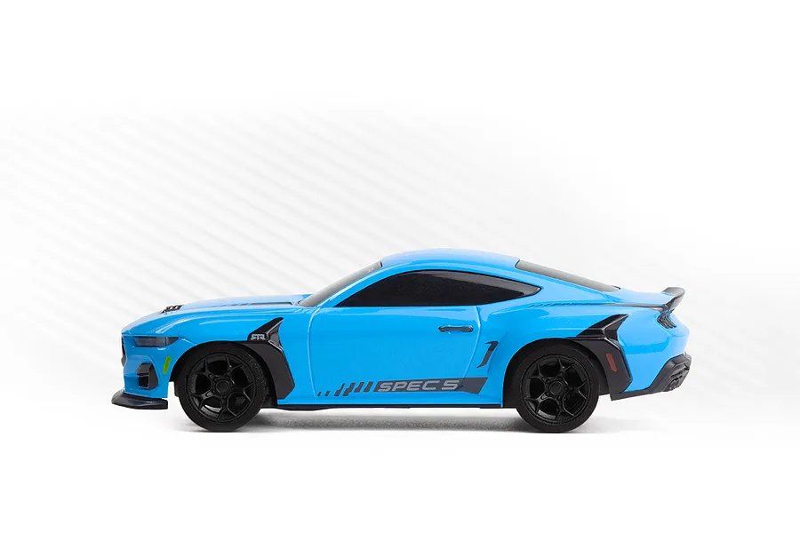 Studio side profile shot of the blue HPI Nano-TTR Ford Mustang Spec 5 RC car with black wheels against a white background.