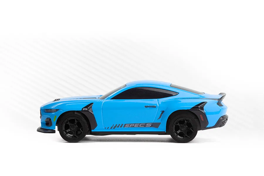Studio side profile shot of the blue HPI Nano-TTR Ford Mustang Spec 5 RC car with black wheels and graphics.