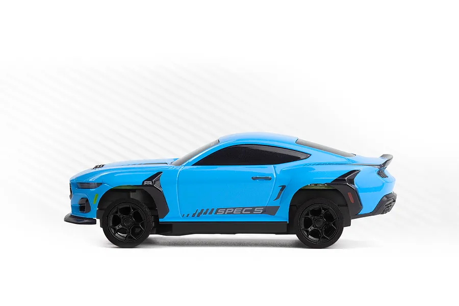Side view of the blue HPI Nano-TTR Ford Mustang Spec 5 1/64 scale RC car against a white background.