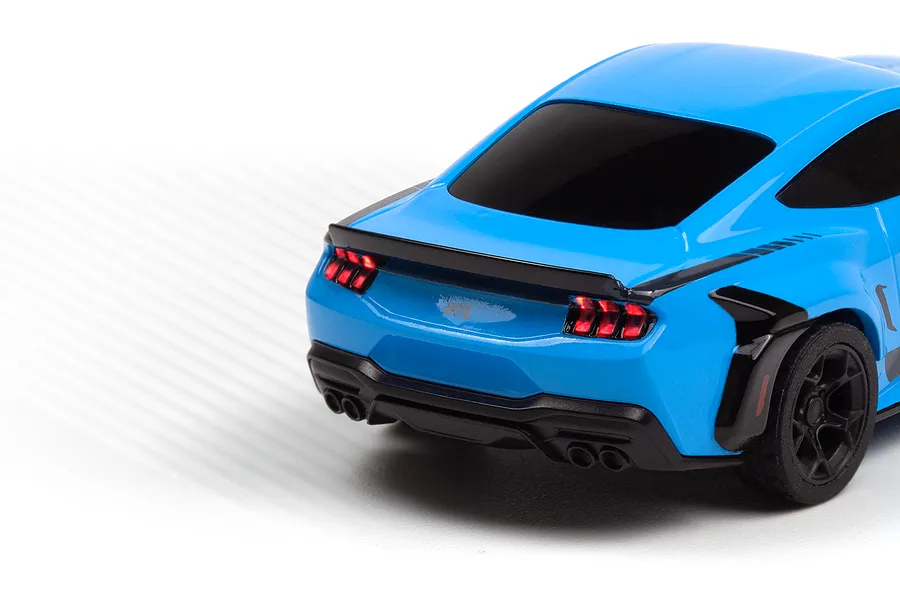 Rear-angle studio shot of the blue HPI Nano-TTR Ford Mustang Spec 5 RC car highlighting illuminated tail lights.