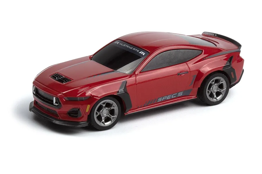 Studio product shot of the red HPI Nano-TTR Ford Mustang Spec 5 RC car angled from the front left on a white background.
