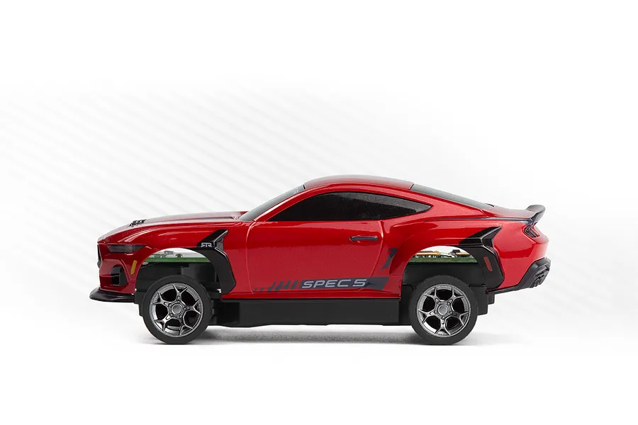 Side profile view of a red HPI Nano-TTR Ford Mustang Spec 5 RC car against a white background.