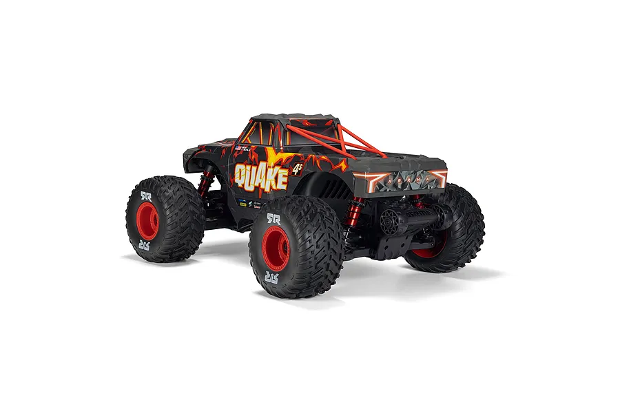 ARRMA Quake 4S RC Monster Truck in red and black, viewed from the rear three-quarters against a white background.