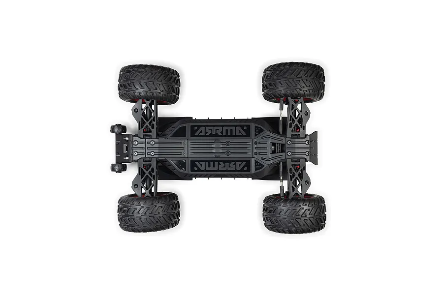 Bottom-up view of the ARRMA 1/8 Scale RTR electric brushless 4WD RC monster truck chassis against a white background.