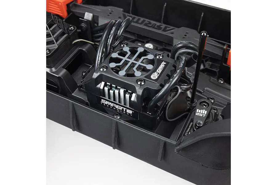 Close-up view of the Spektrum Firma electronic speed controller installed inside the chassis of an ARRMA RC vehicle.