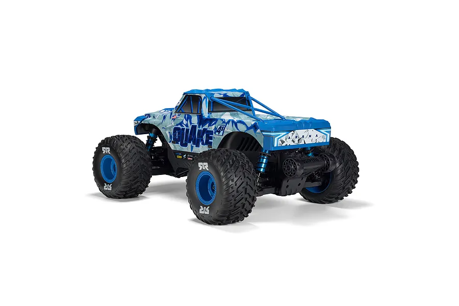 ARRMA Quake 4S RC monster truck in blue seen from the rear three-quarter angle on a white background.