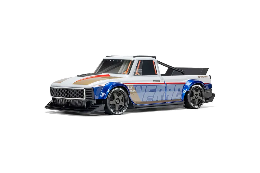 ARRMA Infraction 3S 1/12 scale electric brushless 4WD RTR RC car in white, blue, and gold with Hoon tyres, shot against a white background.