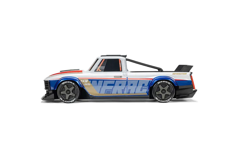 Studio side-profile view of the ARRMA Infraction 3S white, blue, and red RC street truck on a clean white background.