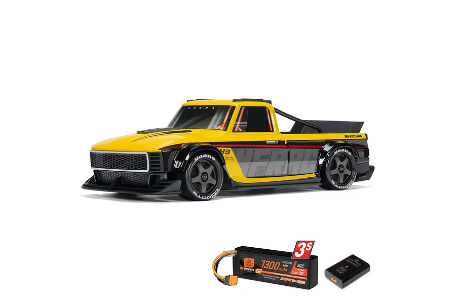 ARRMA Infraction 3S yellow RC truck with black wheels, plus a Spektrum 3S LiPo battery and smart charger.