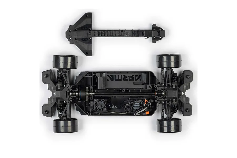 Top-down view of an assembled RC car chassis and a separate plastic chassis brace on a white background.