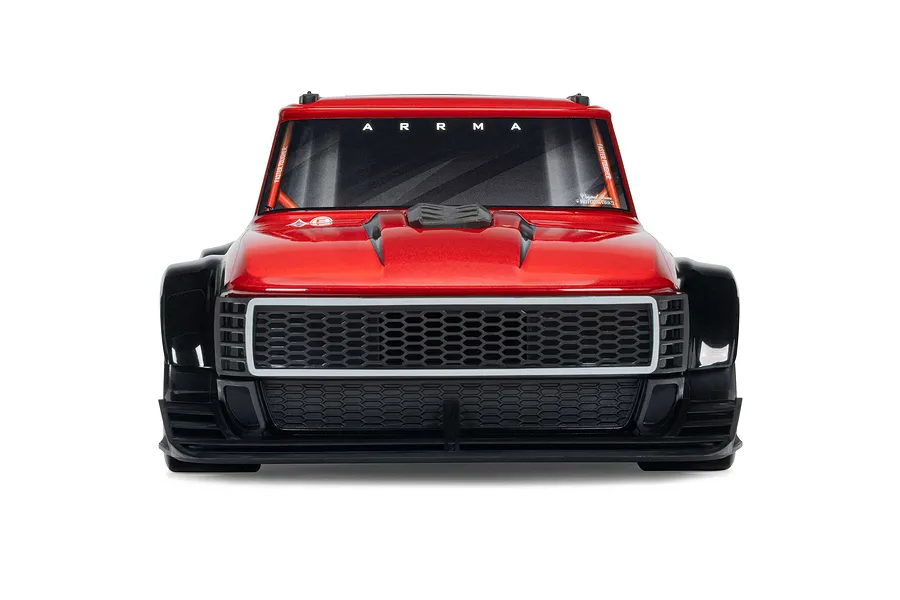 Front view of the red ARRMA Infraction Grom 3S RC car body showing the front grille, hood, and windshield.