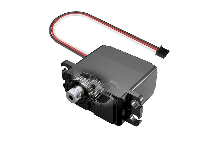 Studio product shot of an MJX RC micro metal geared steering servo featuring an exposed transparent gear train and connector wire.