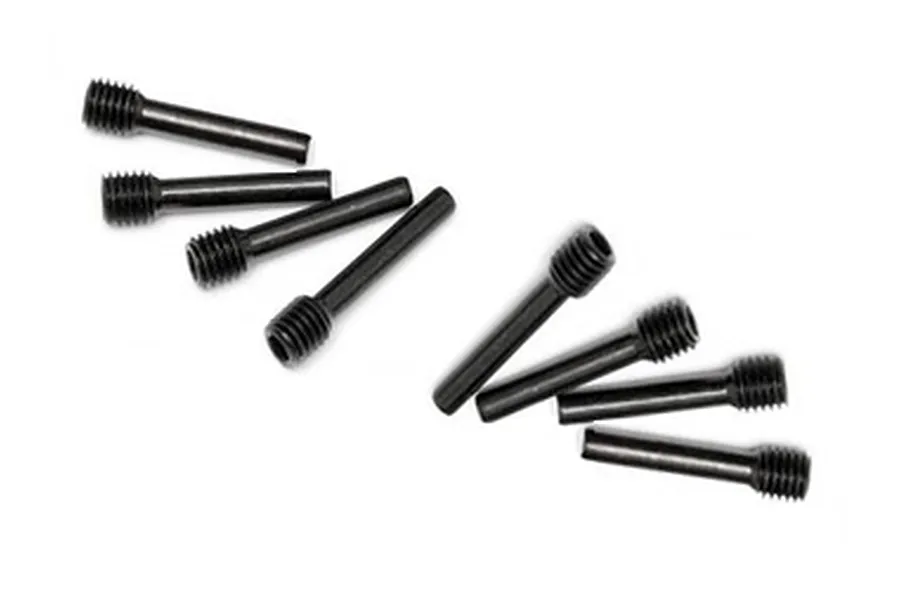 Eight black partial fine thread grub pin screws shown on a white background.