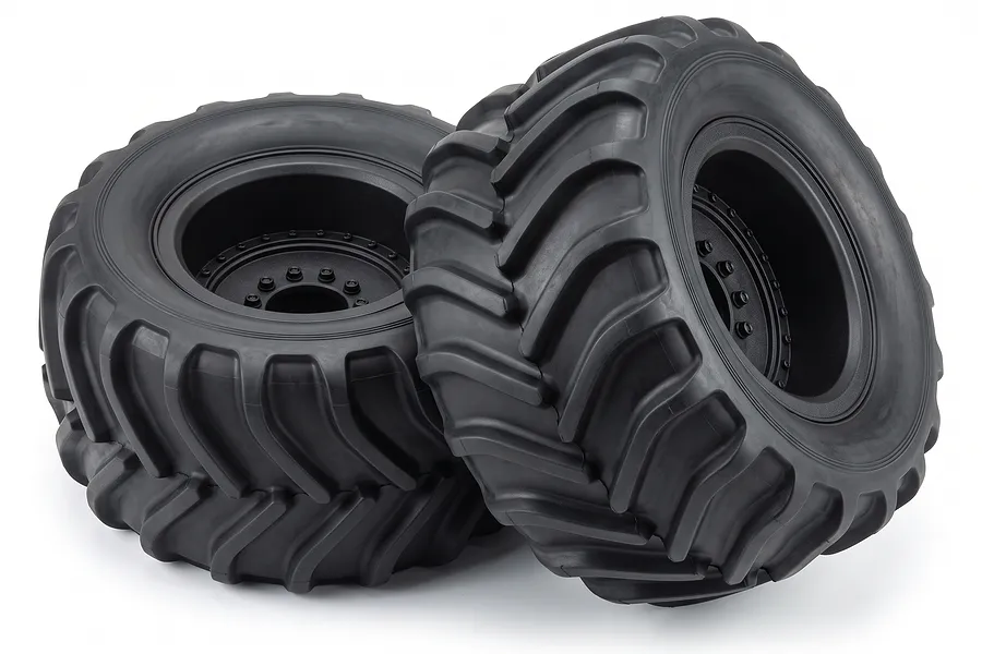 Two black RC monster truck tyres mounted on black rims against a clean white studio background.