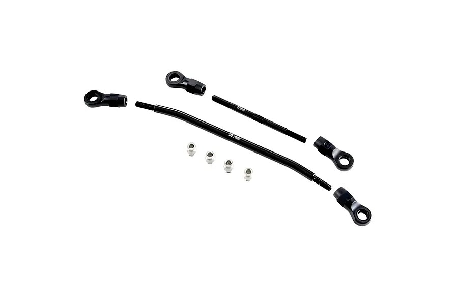 FMS steering linkage and panhard bar set components laid out on a white background, including metal rods, rod ends, and pivot balls.
