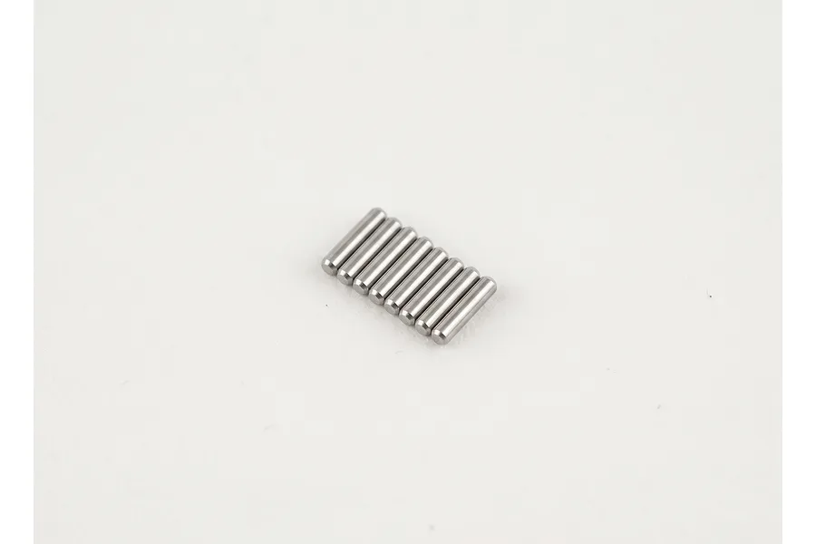 A set of eight silver-colored metal wheel axle pins neatly arranged in a row on a plain white background.