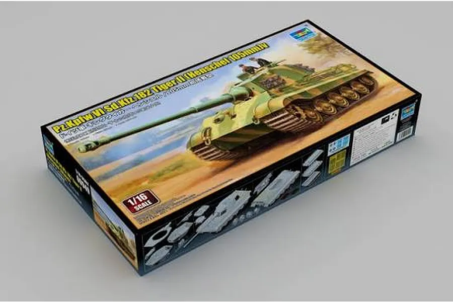 Trumpeter 1/16 Tiger II tank model kit box showing artwork of a camouflage tank and plastic parts.