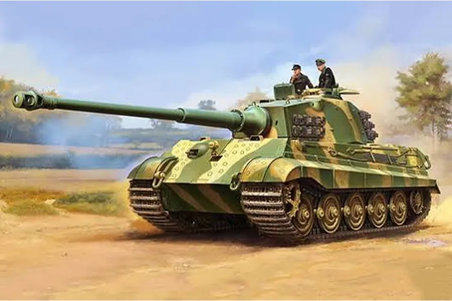 Painted box art illustration of a Tiger II tank with camouflage pattern and two crew members in an open field.