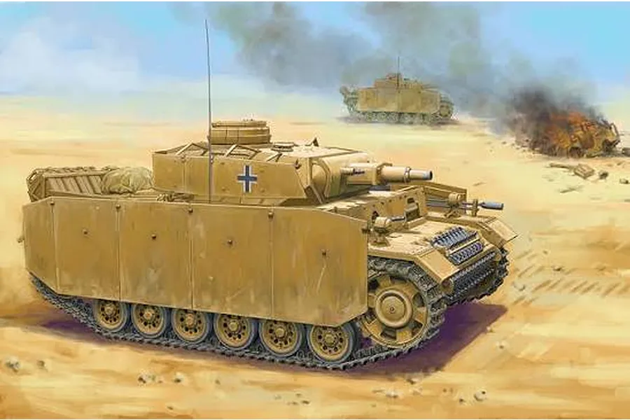 Box art illustration of a Panzer III tank in a desert combat scene with smoke and other tanks.