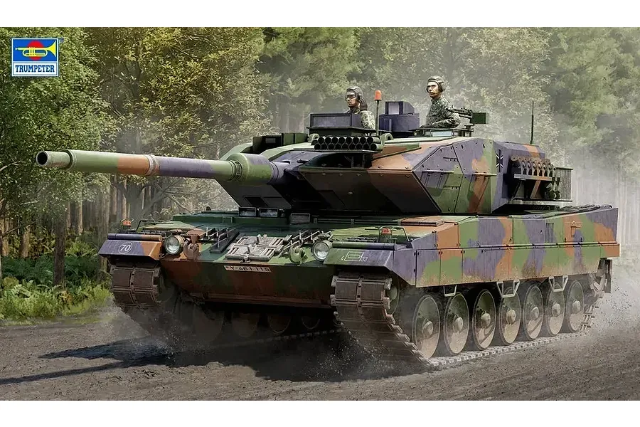 Box art for Trumpeter 1/16 German Leopard 2A6 MBT tank model kit, showing a tank with camouflage driving through a forest.