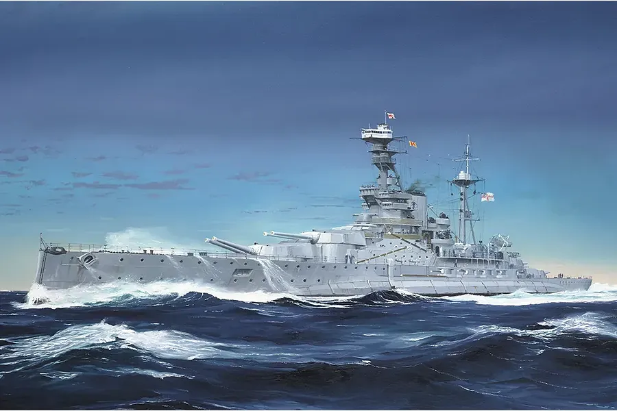 Painted box art illustration of the HMS Royal Oak battleship cruising through rough dark blue seas under a stormy sky.