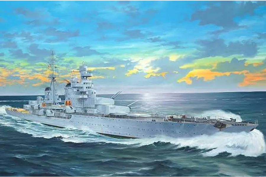 Painted box art illustration of the Italian Pola Heavy Cruiser sailing on the ocean under a sunset sky.