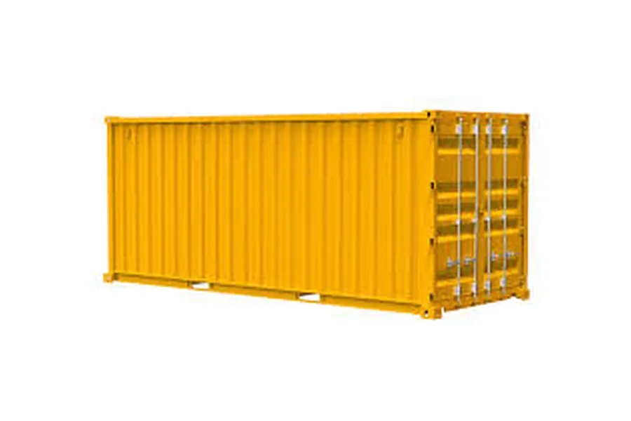 A yellow scaled 20ft shipping container plastic model kit shown against a plain white background.