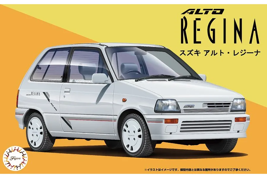 Product box art showing an illustration of a white Suzuki Alto Regina car model against a yellow and orange background.
