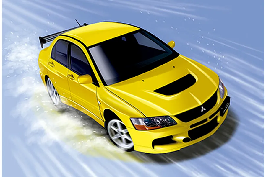 Illustrated box art of a yellow Mitsubishi Lancer Evolution drifting on a snowy road for a Fujimi model kit.