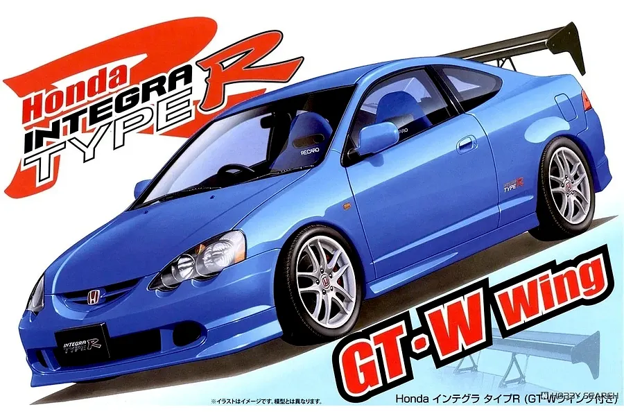 Packaging box art for a Fujimi 1/24 scale Honda Integra Type R model kit showing a blue car with GT wing.