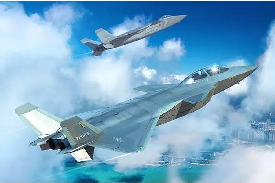 Artwork of two Chinese J-20S Mighty Dragon fighter jets flying over clouds and a coastal landscape.