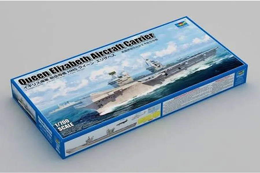 Trumpeter 1/700 scale H.M.S. Queen Elizabeth aircraft carrier plastic model kit box in studio lighting.