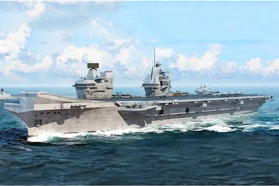 Artwork of the HMS Queen Elizabeth aircraft carrier sailing on the ocean under a cloudy sky.
